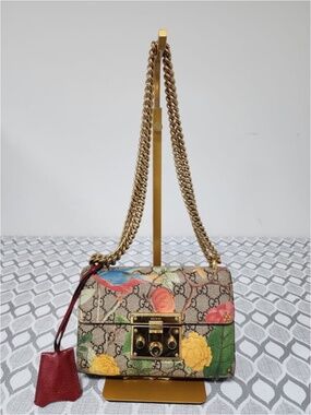 Authentic Gucci GG Supreme Monogram Tian Small Padlock Shoulder Bag Beige Multic